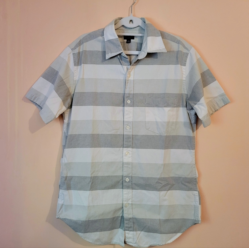 J. Crew Short Sleeve Cotton Oxford Shirt, White & Gray, M, EUC - Picture 2 of 14